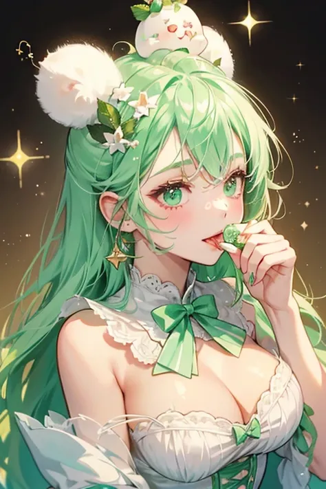 Mint E. Jiggle is a glittering mint bear custard with pale cream syrup covering her head. She is sticking out her tongue and she has cream-colored cream on her head topped with a strawberry and leaf. On each ear is a brown bow. SPARKLE; GLITTER