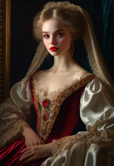 (high resolution,masterpiece:1.2),(realistic:1.37)portrait of an 18th century russian vampire girl of unparalleled beauty. she h...