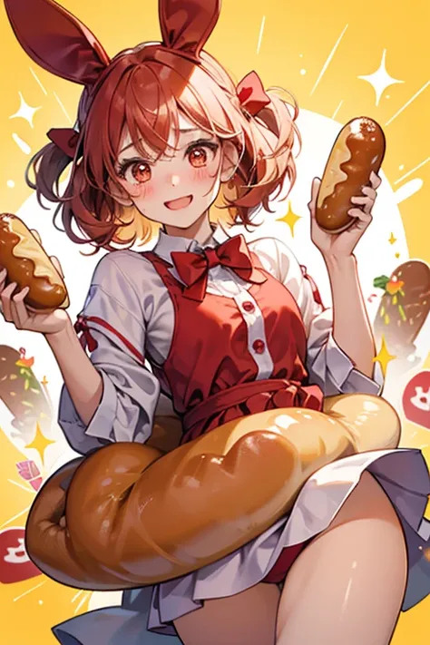 A girl bunny wrapped over a red hot dog. She has an excited expression and very faint, red blushed cheeks. She wears a red bow and has a mustard drizzle. SPARKLE; GLITTER