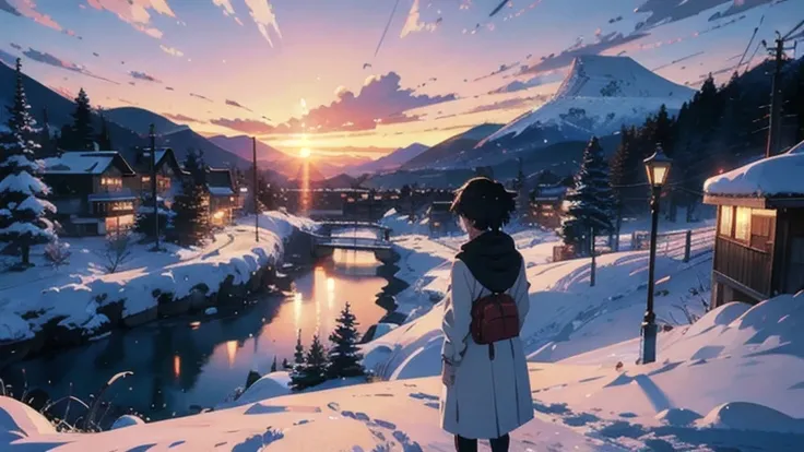 2 personas juntas Un chico y una chica jugando in the snow, in with a town, surrounded by mountains covered with white snow, scene set in a village an image by Makoto Shinkai, trend on pixiv, conceptual art, guweiz style artwork, Guweiz and Makoto Shinkai,...