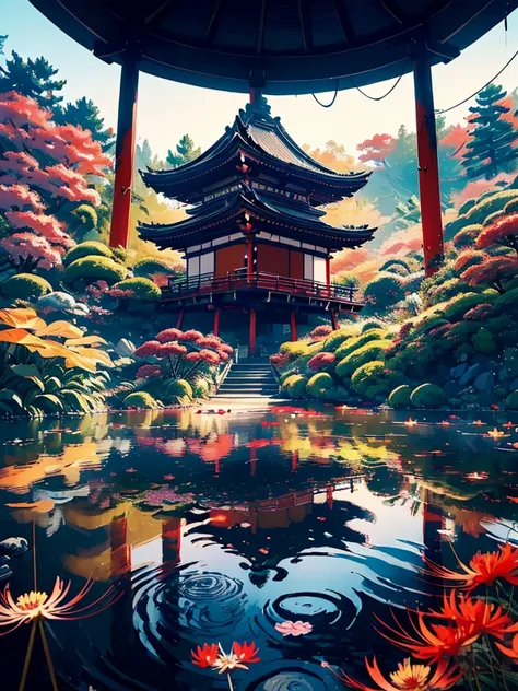 (digitalpainting),(best qualityer), serene japanese garden, red spider lily flowers in full bloom, koi pond, footbridge, pagoda,...