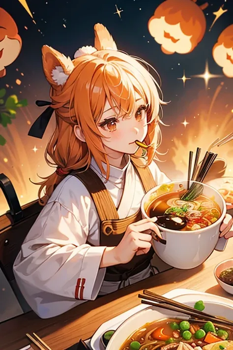 A ramen girl bear with no mouth and a basic expression. Besides a brown pair of Num-Nom chopsticks, she is also adorned with pieces of carrot and peas.  SPARKLE; GLITTER