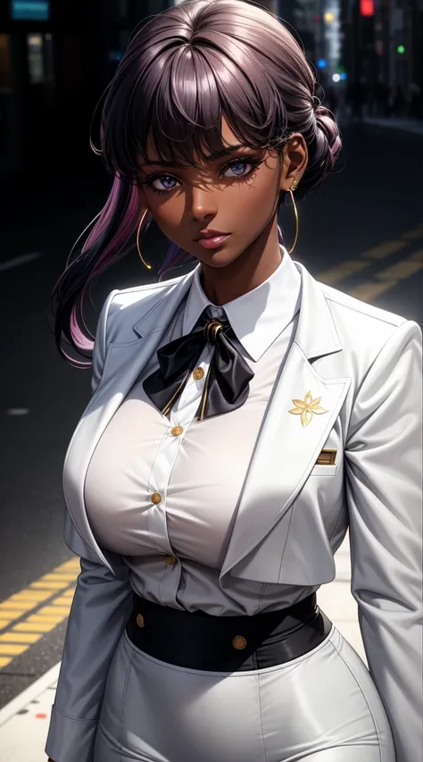 (best quality:1.5, highres, UHD, 4K, detailed lighting, shaders), black floral haired, gradient hair, large breasts, white suit, gray shirt, white social shirt, ehite short skirt, mature woman , (pov), white background, colorful eyeshadow, dramatic lightin...