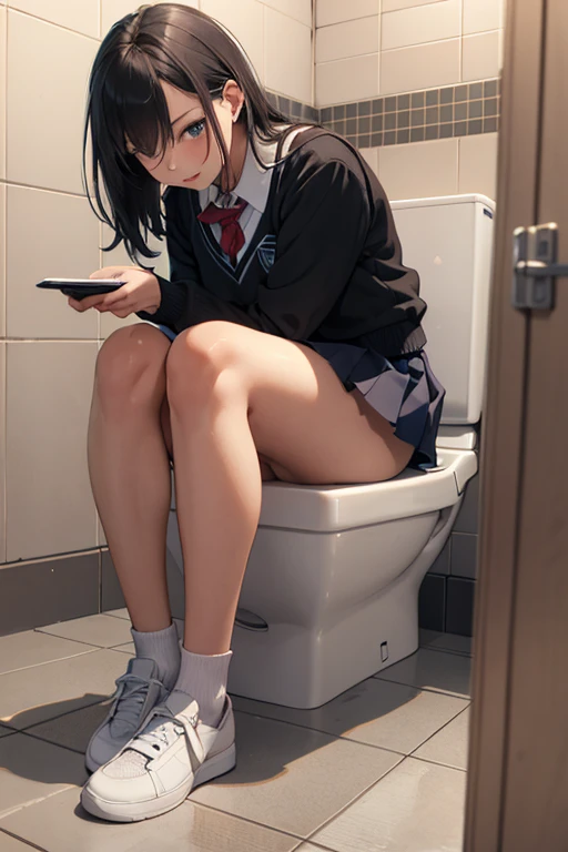 School woman without skirt or underwear sitting on a toilet in a public bathroom