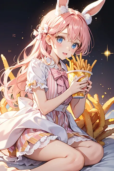 A girl light pink striped cup of golden fries. She has a white bow on the two largest fries sticking out, reminiscent of rabbit ears. She has a basic expression. SPARKLE; GLITTER