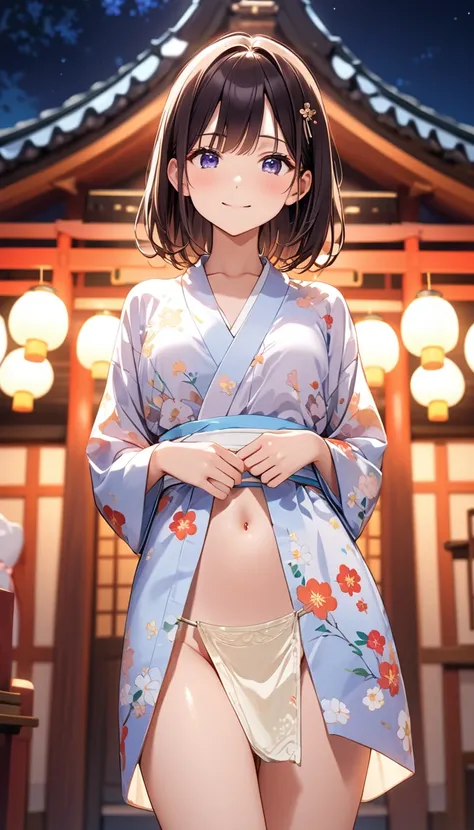 高いquality illustration, masterpiece, Very delicate and beautiful, Attractive girl,(Cream colored floral yukata、White loincloth),thin,Slender body,slim、Shrine background at night,Princess, Beautiful Eyes,smile、Embarrassing、blush(masterpiece, Highest quality...