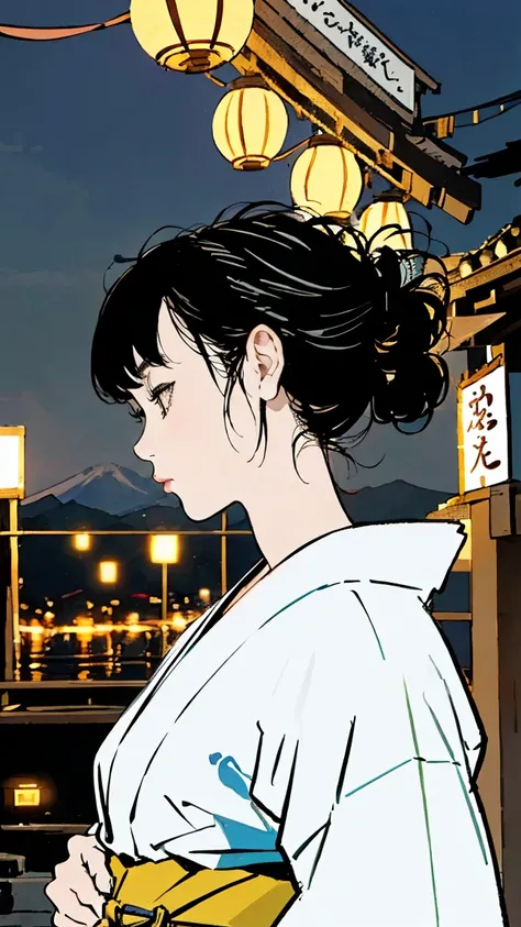 A fair-skinned girl in a traditional Japanese yukata, her black hair in a profile view, standing in a shrine at night, surrounded by the warm glow of lanterns and the vibrant colors of fireworks exploding in the sky above Mount Fuji.

(best quality,4k,8k,h...