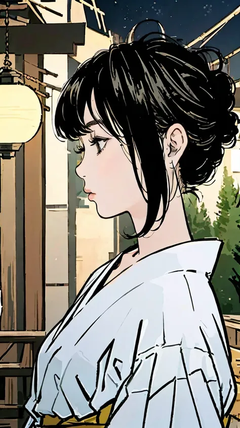 A fair-skinned girl in a traditional Japanese yukata, her black hair in a profile view, standing in a shrine at night, surrounded by the warm glow of lanterns and the vibrant colors of fireworks exploding in the sky above Mount Fuji.

(best quality,4k,8k,h...