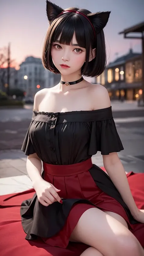 Delicate and dainty young woman with shiny bob-cut black hair and real cat ears. She is wearing red dress with mini-skirt. The background is a fantastic and ethereal night sky that seems to be haunted by a specter. Her expression is stern and atmospheric. ...