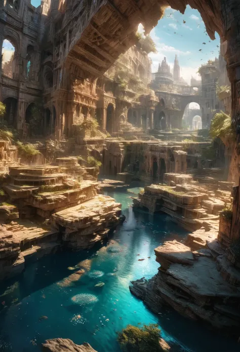 an ancient underwater city resembling a circular kaleidoscope, surprising discoveries, shading effects, gradation magic effects, (ultra detailed, absolutely resolution, best quality:1.3), 2.5D, delicate and dynamic, artistic photography, hyper realistic, g...