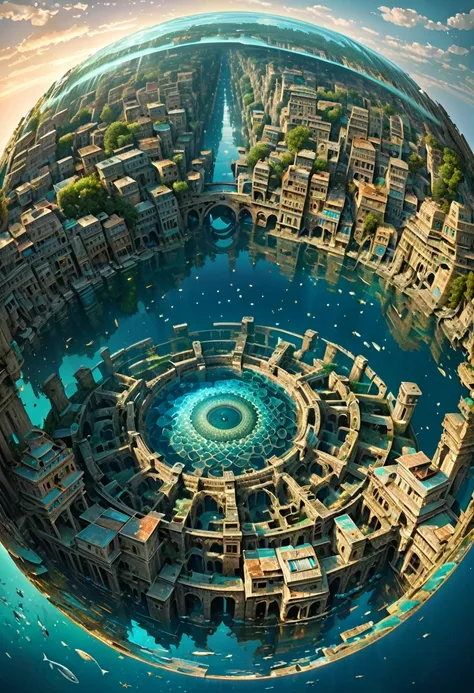 an ancient underwater city resembling a circular kaleidoscope, surprising discoveries, shading effects, gradation magic effects, (ultra detailed, absolutely resolution, best quality:1.3), 2.5D, delicate and dynamic, artistic photography, hyper realistic, g...