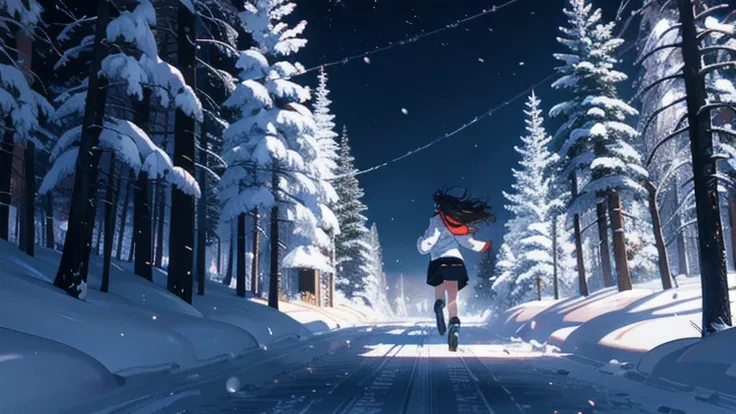 girl running through the snow, crying, In the woods, scared, fear, dark scene, falling snow and white trees surrounding it, an image by Makoto Shinkai, trend on pixiv, conceptual art, guweiz style artwork, Guweiz and Makoto Shinkai, Sakimichan and Makoto S...