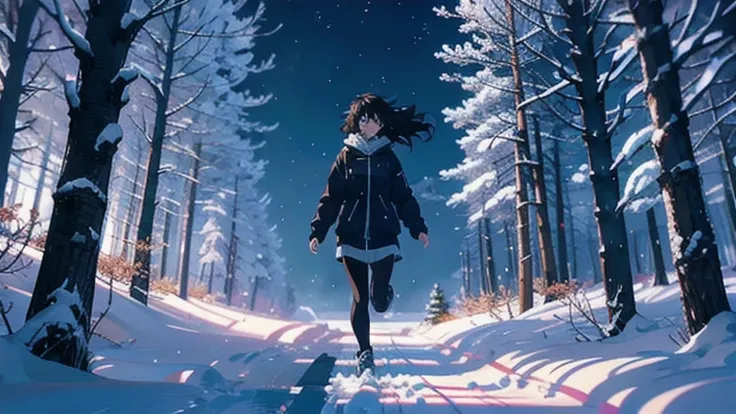 girl running through the snow, closeup of her crying face, In the woods, scared, fear, dark scene, sinister falling a lot of snow, storm an image of Makoto Shinkai, trend on pixiv, conceptual art, guweiz style artwork, Guweiz and Makoto Shinkai, Sakimichan...