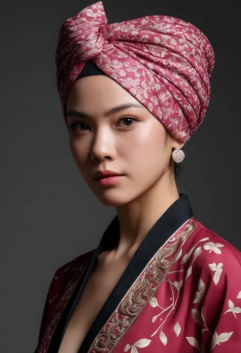 woman with raised hair,Leave your hair in proportion from head to shoulders.,white background,Wear a single-breasted shirt.,There is a cherry-patterned turban on his head.,Highly detailed CG unity 8ก wallpaper, Style shock, complicated, detailsสูง, Amazing...