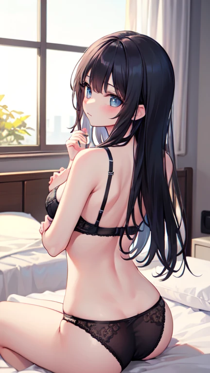 SNFW,Lets think step by step,masterpiece, Highest quality, Very detailed, High resolution,Perfect Vagina,Excellent anatomy,Anatomically correct body girl1,Long black hair,Her eyes are blue and clear,Small breasts,((Only wearing a bra and panties)),(((Sitti...