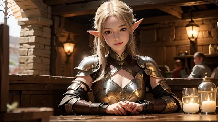 masterpiece, rest, best quality, Very detailed, Super real, 16K, high resolution, Bistro，（individual），Beautiful female elf，Openwork leather armor，回声 is sitting in a tavern, Smiling Face，Relax，Soft lighting