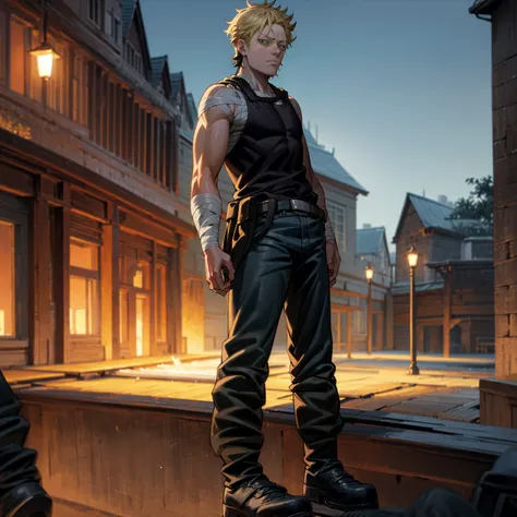 solo character, full body version, aged man, blonde hair, short haircut, very tall, black singlet, jeans, bandage, shoes, evenin...