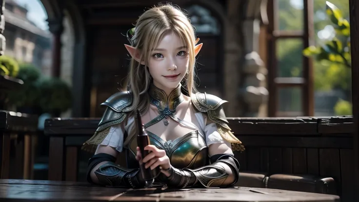 masterpiece, rest, best quality, Very detailed, Super real, 16K, high resolution, Bistro，（individual），Beautiful female elf，Openwork leather armor，回声 is sitting in a tavern, Smiling Face，Relax，Soft lighting