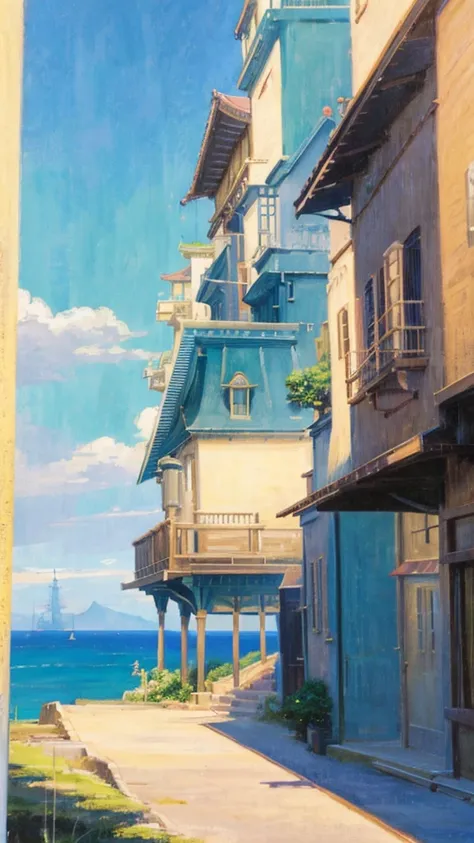 dvd screengrab from studio ghibli movie, beautiful seaside steampunk observatory, clouds on blue sky, designed by hayao miyazaki...