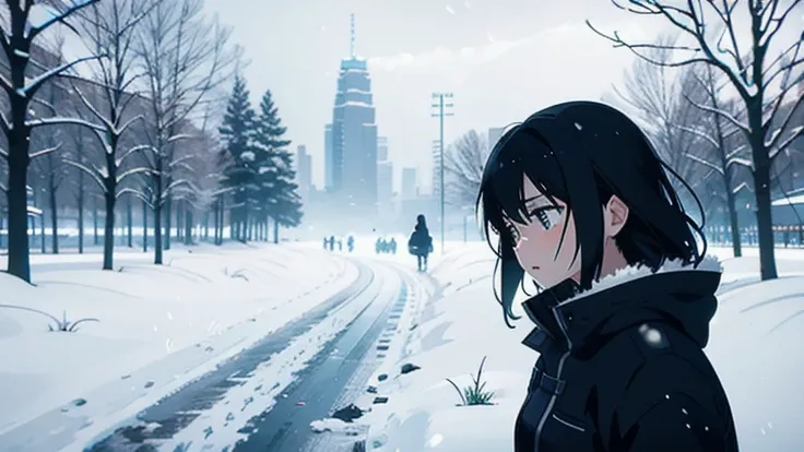 girl surrounded by snow, closeup of her crying face, scared, fear, dark scene, white spots of snow on his face, show face close up, details on the lips, big and bright eyes, expression of sinister sadness falling a lot of snow, storm an image of Makoto Shi...