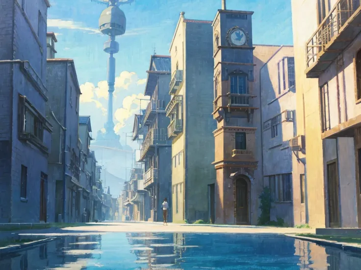 DVD screengrab from studio ghibli movie, beautiful seaside steampunk observatory, clouds on blue sky, designed by Hayao Miyazaki, retro anime, street view