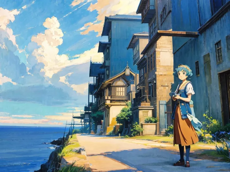 dvd screengrab from studio ghibli movie, beautiful seaside steampunk observatory, clouds on blue sky, designed by hayao miyazaki...