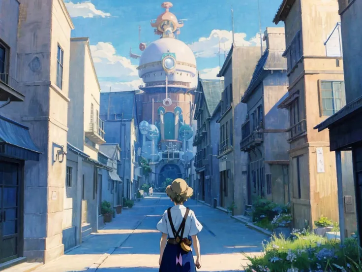 dvd screengrab from studio ghibli movie, beautiful seaside steampunk observatory, clouds on blue sky, designed by hayao miyazaki...