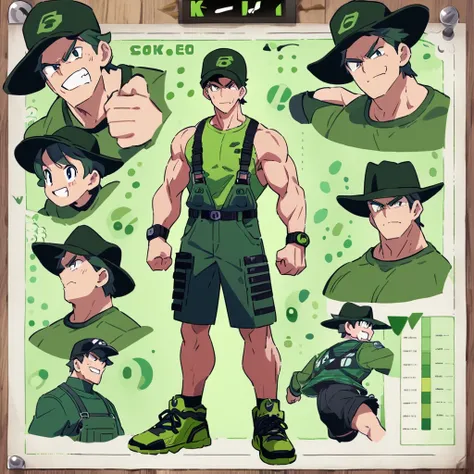 score_9, score_8_up, score_7_up, score_6_up, score_5_up, score_4_up, BREAK source_anime, character sheet, circle eyes, grape, men, fang, man, 8k, super detail, best quality, overalls, green blouse, grape man, manly, muscular, hat, character sheet, detailed...