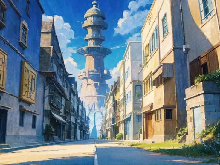 DVD screengrab from studio ghibli movie, beautiful seaside steampunk observatory, clouds on blue sky, designed by Hayao Miyazaki, retro anime, street view