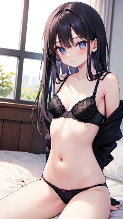 SNFW,Lets think step by step,masterpiece, Highest quality, Very detailed, High resolution,Perfect Vagina,Excellent anatomy,Anatomically correct body girl1,Long black hair,Her eyes are blue and clear,Small breasts,((Only wearing a bra and panties)),(Sitting...