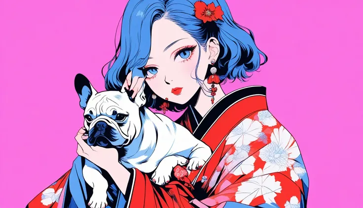 Illustrator, anime , Realistic ,sketch , An adult woman holding a cute bulldog puppy, lip, nail、kimono,order,Textured Trim, (masterpiece,Highest quality) , Neon Hair,Textured Trim, Canadian, (masterpiece,Highest quality) Cancer，Blue background,