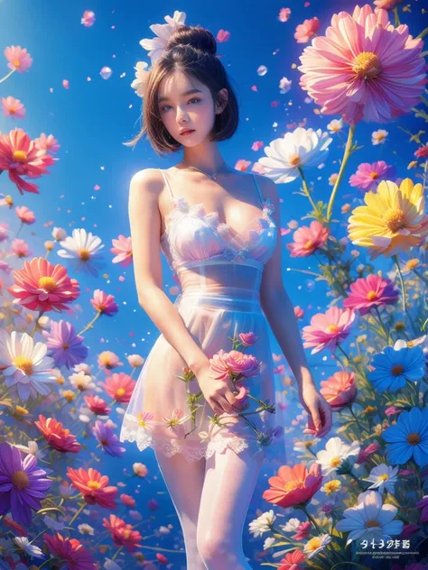 movie photo solo,1 girl,,Lace-edged_skirt,Two colors_pantyhose,big breasts,(colored hair:0.1),Beautiful girl standing on flowers,Facial details perfect,And the details of the characters are also exquisite,Fashion portrait,bright colors,clean background,pan...