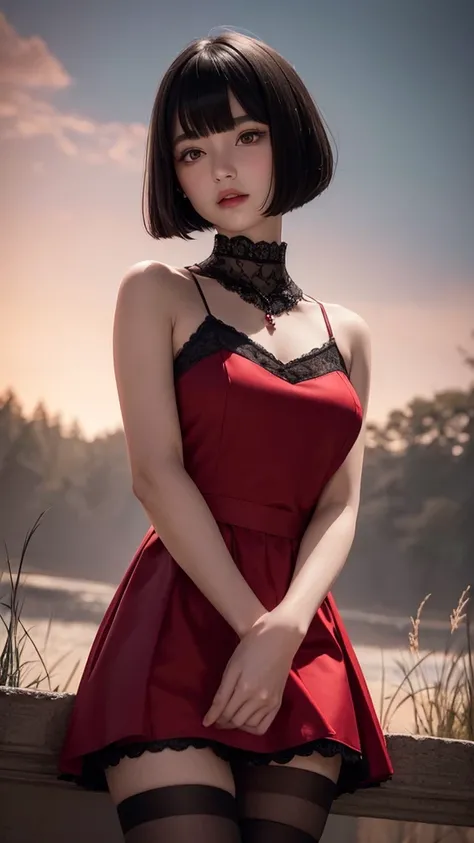 Delicate and dainty young woman with shiny bob-cut black hair. She is wearing red only dress with mini-skirt. The background is a fantastic and ethereal night sky that seems to be haunted by a specter. Her expression is stern and atmospheric. 10 years old,...