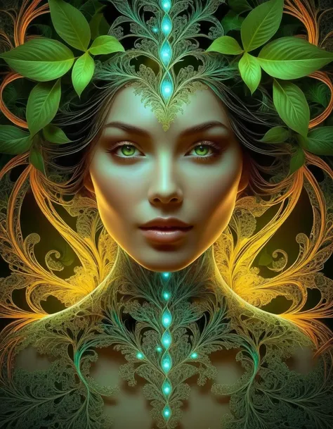 A mysterious woman with a fascinating gaze and a hint of mischief, The surrounding is exquisite, Intertwining fractal patterns and glowing plants.