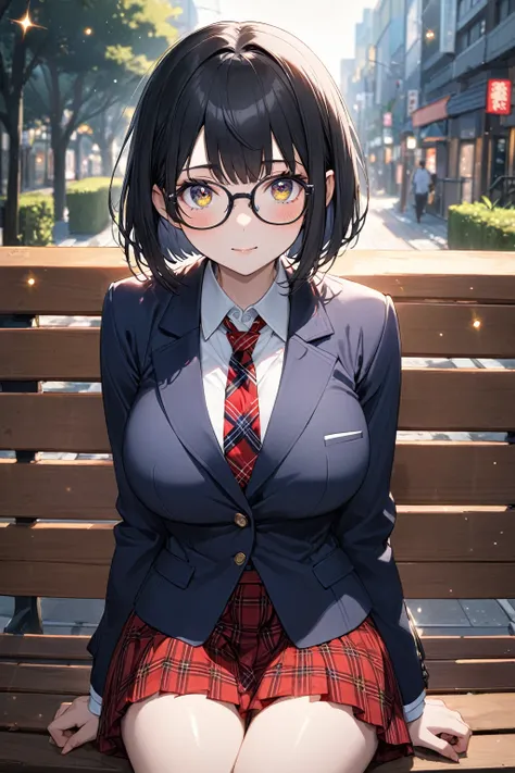 (Beautiful 18 year old Japanese woman), Cute Face, Navy blue blazer,Ribbon tie,Red tartan skirt, Glasses,tiny socks,sneakers,(Deeply chiseled face:0.7), (freckles:0.6), Soft Light,Healthy white skin, Black Hair,Bobcut,, (Sparkling eyes), thin,Very large br...