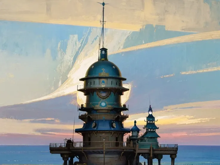 dvd screengrab from studio ghibli movie, (beautiful seaside steampunk observatory:1.4), clouds on blue sky, designed by hayao mi...