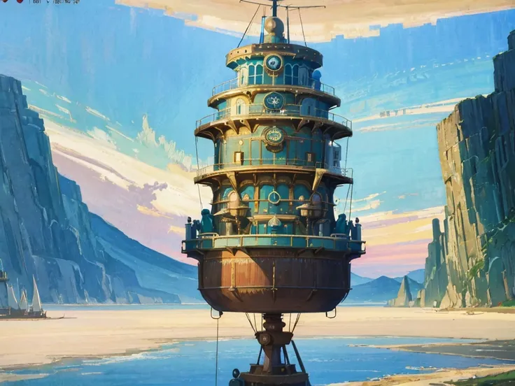 DVD screengrab from studio ghibli movie, (beautiful seaside steampunk observatory:1.4), clouds on blue sky, designed by Hayao Miyazaki, retro anime, street view