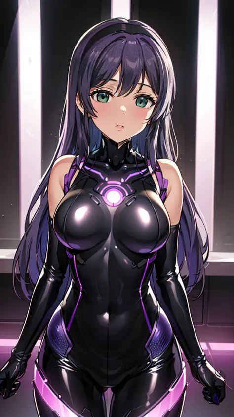 1 girl,browsing caution,nozomi tojo, (lovelive), vr visor, clavicle, absurd, brainwashing,combatant, hollow eyes,((purple glowin...