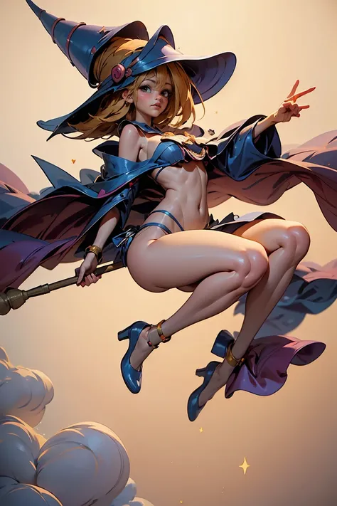 (masterpiece:1.2), (The best quality:1.2), perfect lighting, Dark Magician Girl casting a spell, floating in the air, big tits, neckline, magic background. Transparent hearts in the air, blue robe, big hat, from above, Sparkles, Yugioh Card in the backgrou...