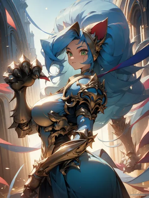 ((Masterpiece, Best Quality, anime style)), Felicia, Blue hair, Green eyes, cat eyes, Cat tail, busty, big breasts, big ass, happy, smile, sexy white plate armor, gauntlets armors, graves armors, lewd, in a medieval city, illustration, ultra-detailed 8K, c...