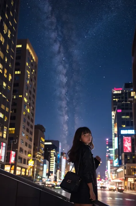 Girl gazing at the stars in the big city