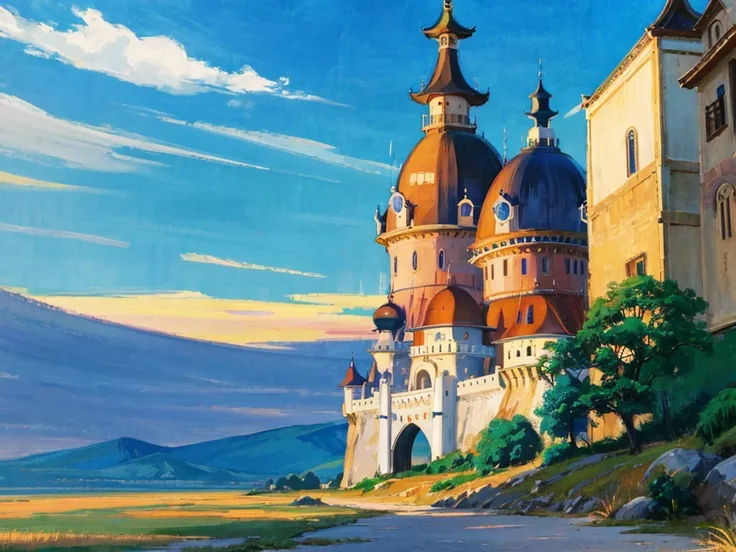 dvd screengrab from studio ghibli movie, (beautiful domed eastern castle), clouds on blue sky, designed by akira toriyama, drago...