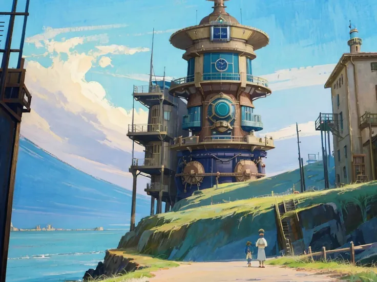 dvd screengrab from studio ghibli movie, (beautiful seaside steampunk observatory:1.3), clouds on blue sky, designed by hayao mi...