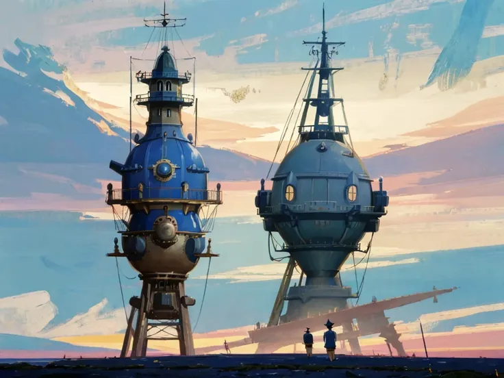 DVD screengrab from studio ghibli movie, (beautiful seaside steampunk observatory:1.3), clouds on blue sky, designed by Hayao Miyazaki, retro anime, street view