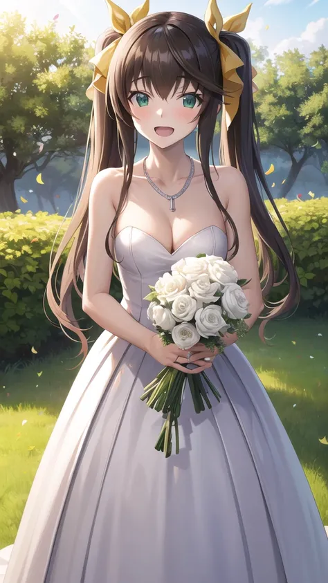 masterpiece, best quality, highres, aahuang, long hair, twintails, hair ribbon, small breasts, wedding dress, cleavage, necklace, white dress, garden, standing, holding bouquet, open mouth, smile, confetti,