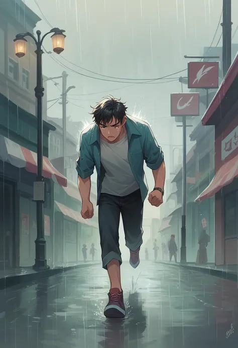 A man running through a city shrouded in rain and mist