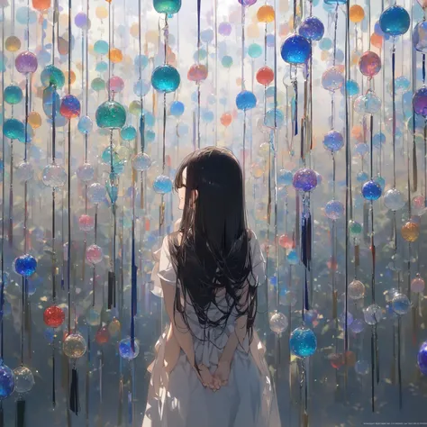 1girl, 独奏, 17yo, cute, pretty, beautiful, black long straight hair, arranged bangs, White dress, Flower pattern colorful glass wind chime, smiling, look up,Backlight、Back view、Put your hands behind your back、masterpiece, best quality, super-fine illustrati...