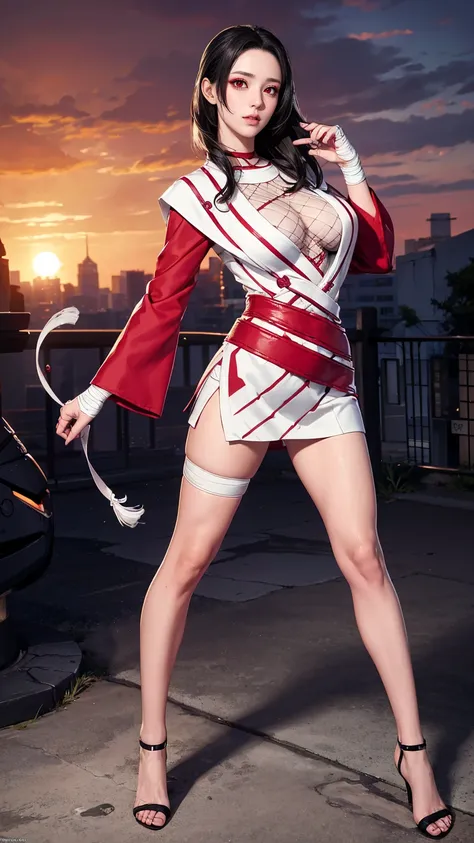 （（（Perfect figure，forehead protector，bandaged hand，konohagakure symbol，fishnets，Red single sleeve，White striped clothes，（（（Kurenai Yuhi, black hair, red eyes,  long hair,makeup，red eyes，lipstick，）））((sexy legs, thighs, standing, masterpiece)),high resoluti...