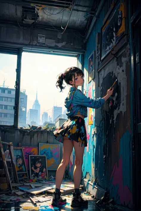 1girl,solo,cute,shirt and mini skirt,she has a brush,she is painting the wall,big paint,paint the whole wall,colorful,dynamic,intense,in Derelict building