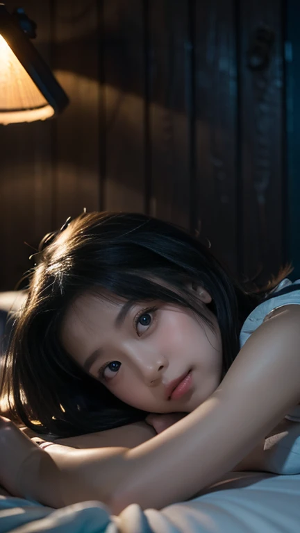 (((10 year old girl))), (((in dark cabin at night))), (((tired girl lying on bed))), Japanese, cute, dark hair, bobbed hair, (((faint lamp lighting))), straight face, no smile, uneasy expression, trainers and super mini skirt, sneakers, horror movie scene,...